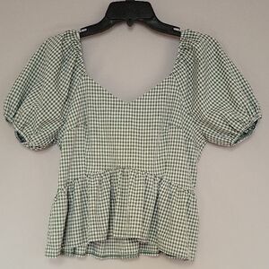 Green Gingham Puff Sleeve Top